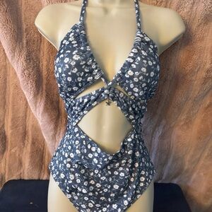 Cupshe Blue Floral Cutout One Piece Swimsuit